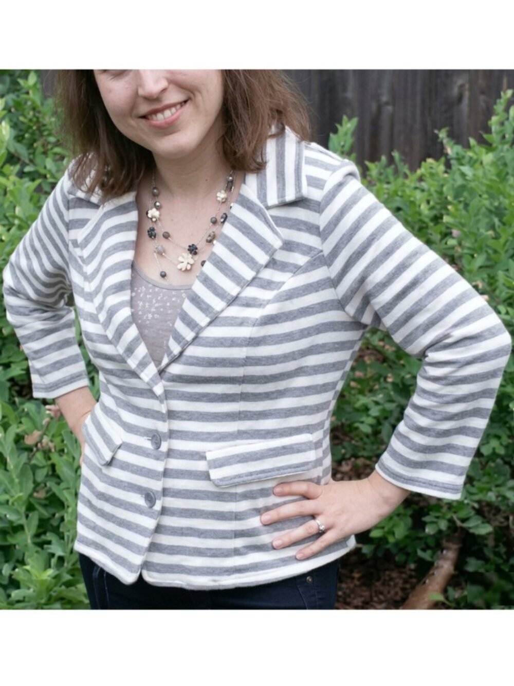 PIXLEY STITCH FIX Stripe Blazer Gray Cream Ivory French Terry 3/4 Sleeve Jacket